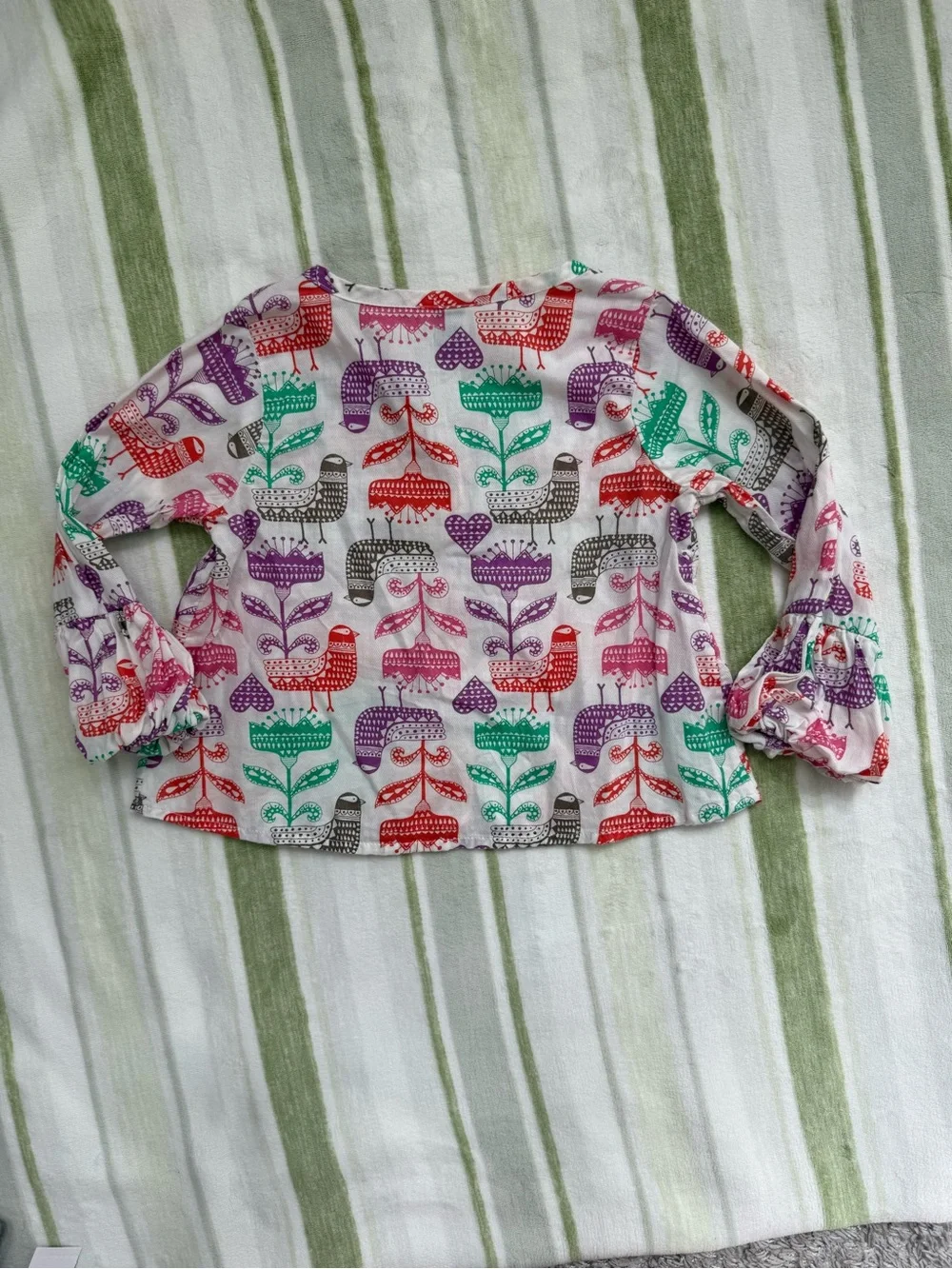 Old Navy White Peasant Top with Multicolor Bird & Flower Print